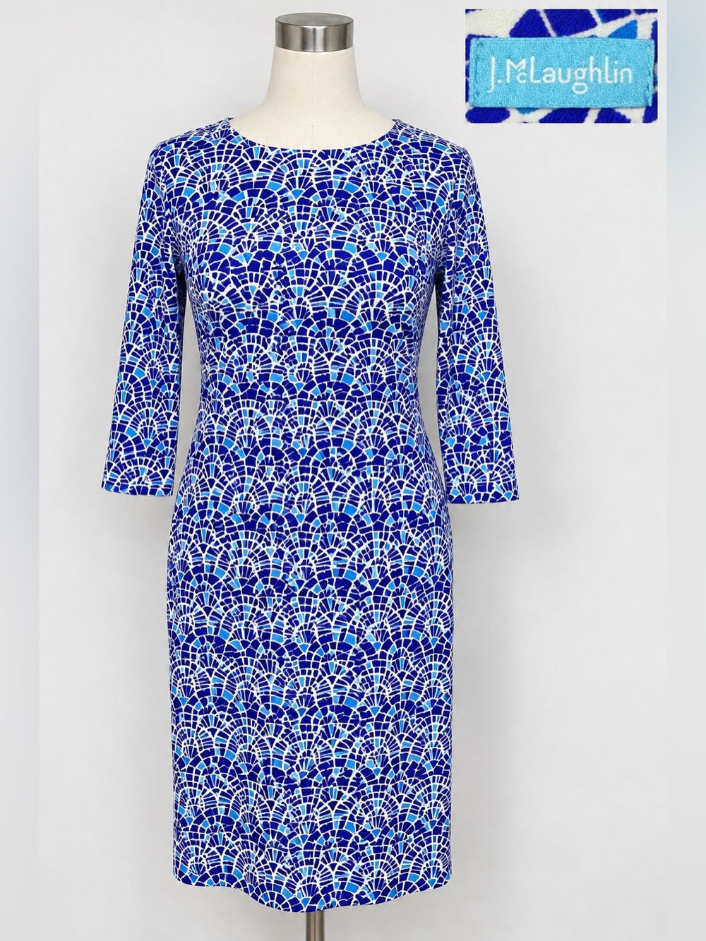 J McLaughlin Women L Geometric Print 3/4 Sleeve Midi Dress Travel Resort Stretch